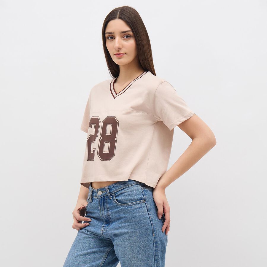 Women's Light Beige Cotton V-Neck Casual Crop T-Shirt, Beige, large