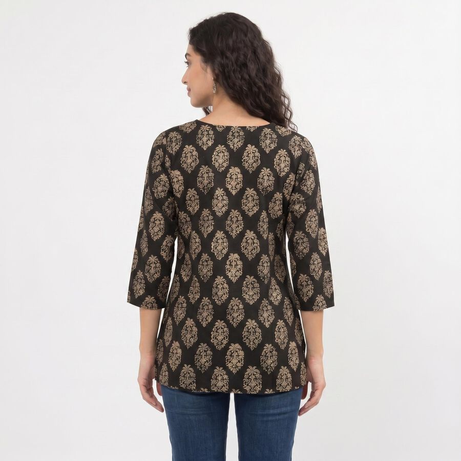 Women's Black Round Neck Printed Straight Kurti, Black, large
