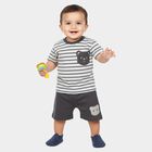 Infants' Grey Cotton Round Neck Striped Baba Suit, हल्का ग्रे, small