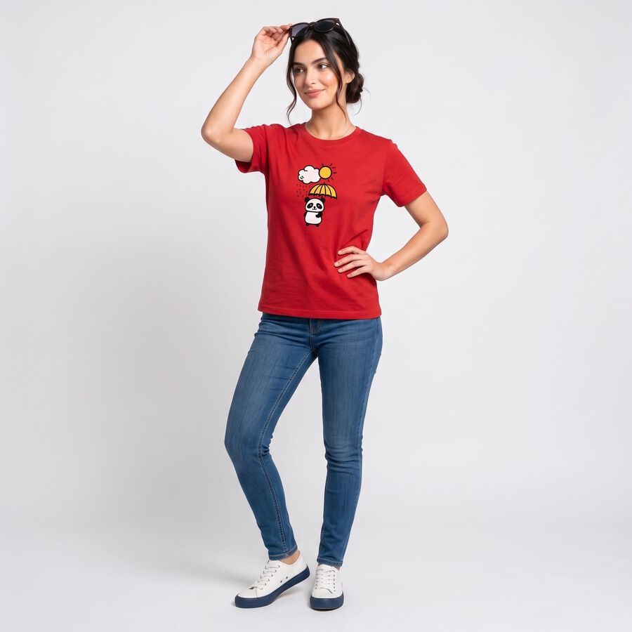 Women's Fuchsia Round Neck Graphic Print Regular T-Shirt, रानी (फ्यूशिया), large