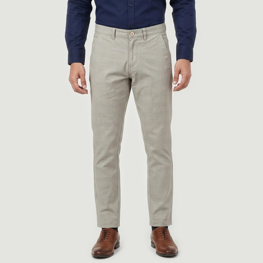 Men's Grey Slim Fit Checked Casual Trousers, हल्का ग्रे, large