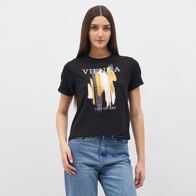 Women's Jet Black Round Neck Casual Graphic T-Shirt