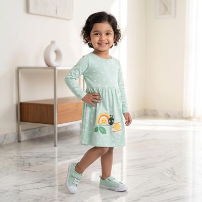 Girls' Mint Green Fit and Flare Polka Dot Applique Frock