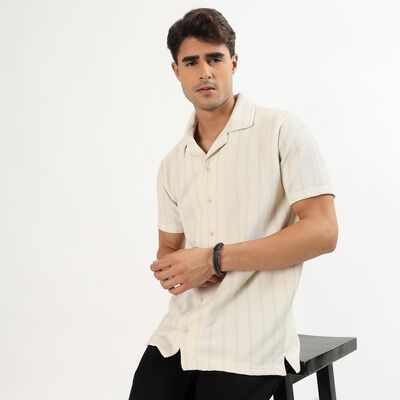 Men's Beige Slim Fit Printed Casual Shirt