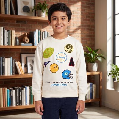 Boys' Off White Crew Neck Graphic Print Sweatshirt