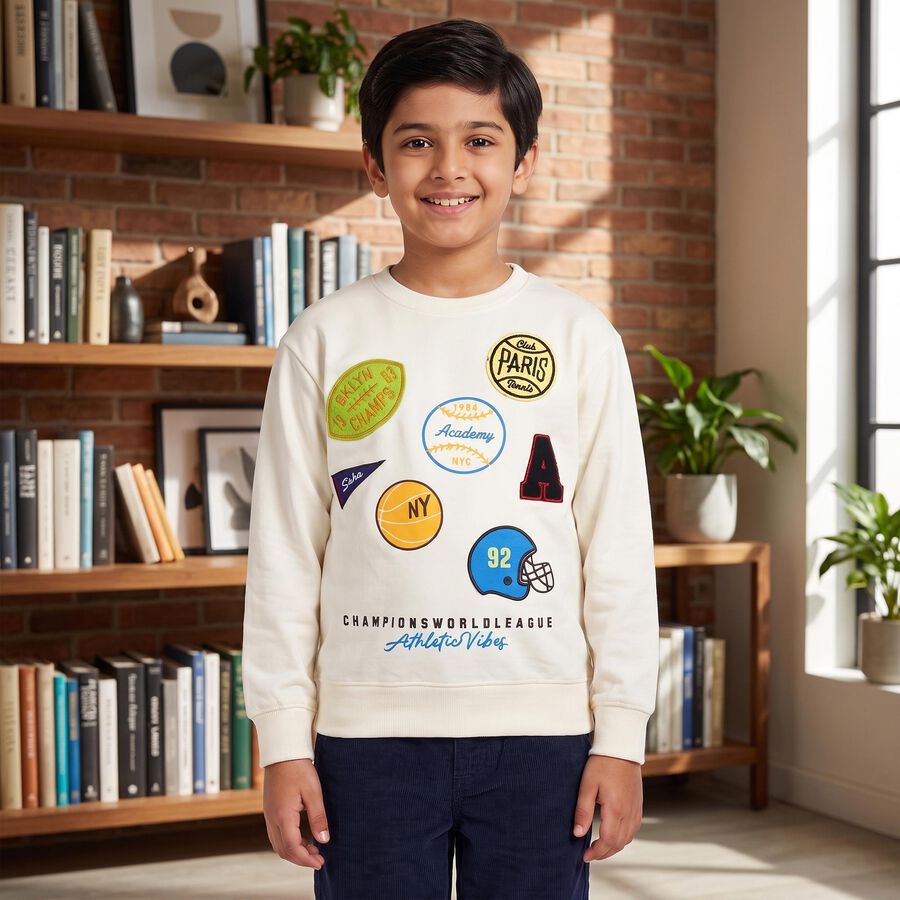 Boys' Off White Crew Neck Graphic Print Sweatshirt, ऑफ व्हाइट, large