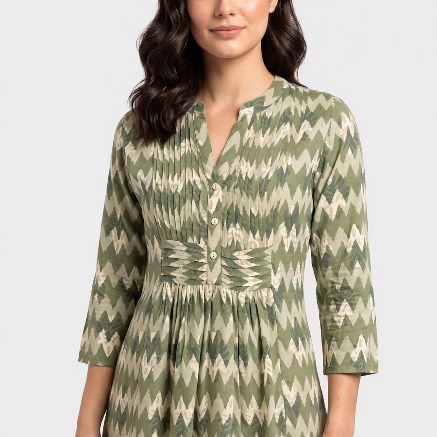 Women's Olive Green V-Neck Printed Kurti, Olive, large