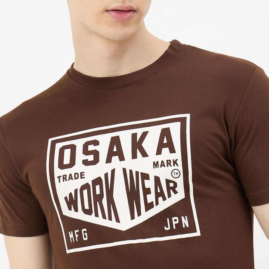Men's Brown Round Neck Graphic Printed T-Shirt, Brown, large