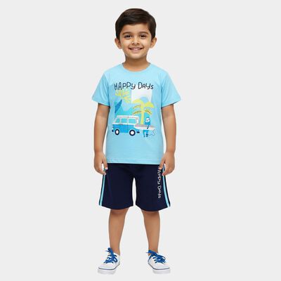Boys' Light Blue 100% Cotton Round Neck Graphic Printed Baba Suit
