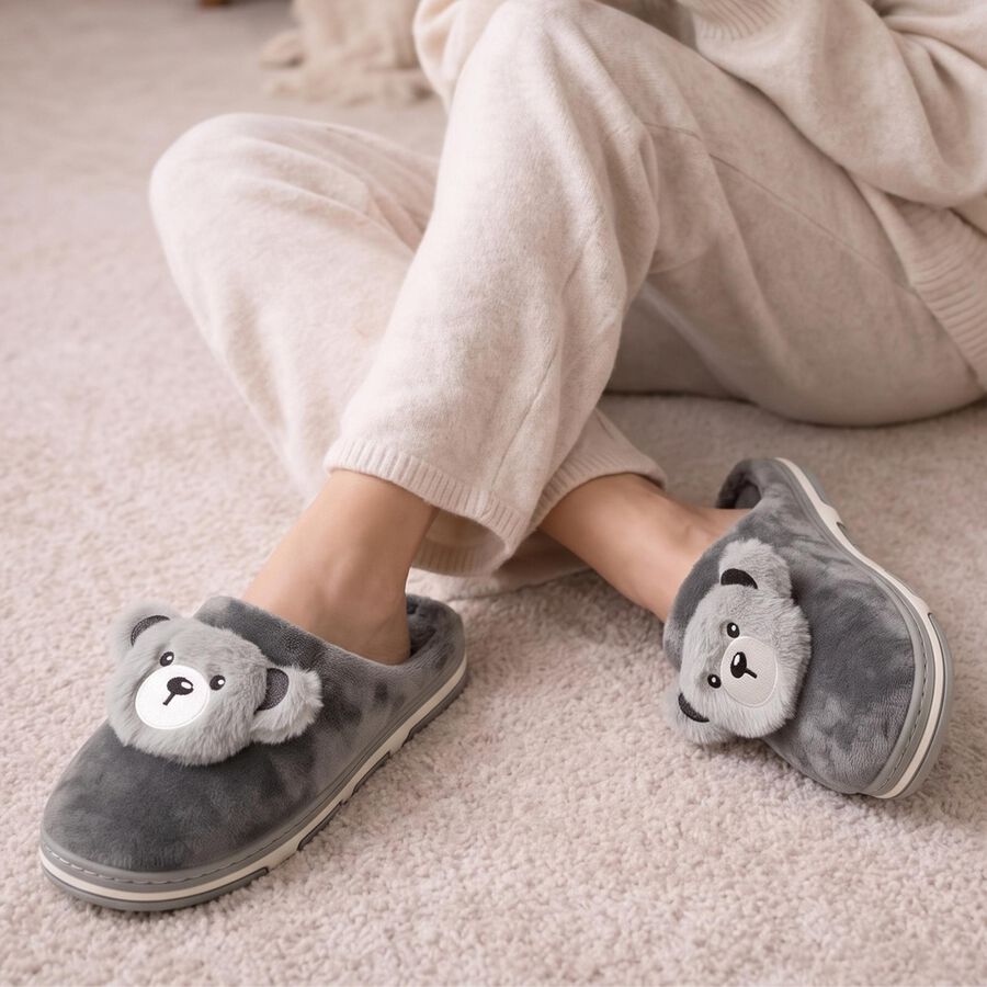 Women's Grey Slip-On House Slippers, ग्रे, large