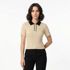 Women Beige Cotton Polo Neck Regular Top, गहरा पीला, small