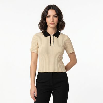 Women Beige Cotton Polo Neck Regular Top