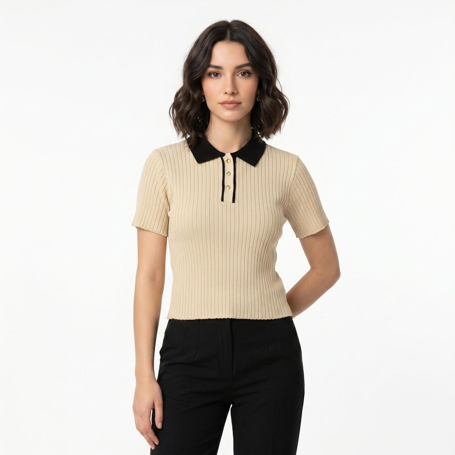Women Beige Cotton Polo Neck Regular Top, गहरा पीला, large