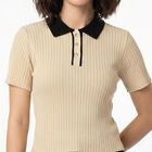 Women Beige Cotton Polo Neck Regular Top, गहरा पीला, small