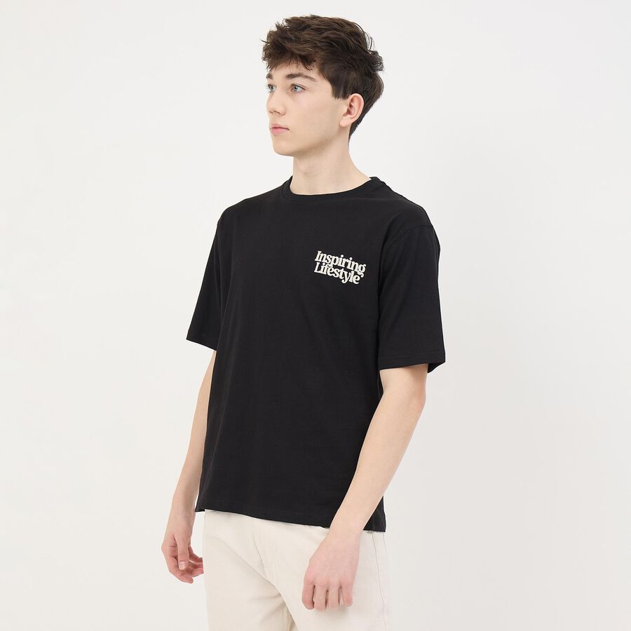 Men's Jet Black Cotton Round Neck Casual T-Shirt, Black, large