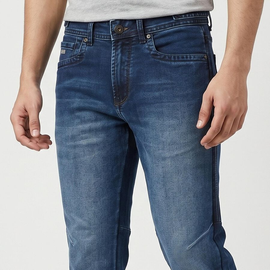 Men's Blue Slim Fit Washed Jeans, Dark Blue, large