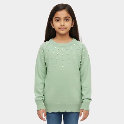 Girls' Mint Green Crew Neck Casual Pullover