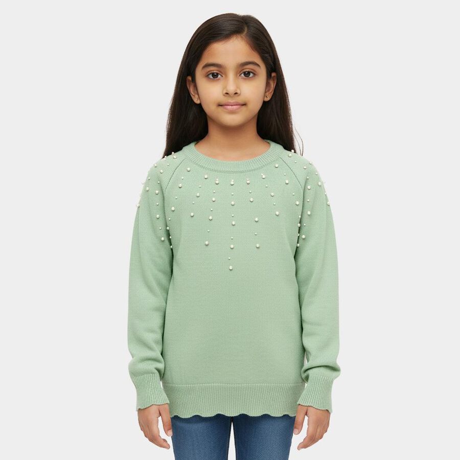 Girls' Mint Green Crew Neck Casual Pullover, Light Green, large image number null