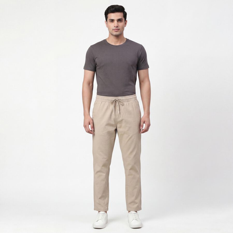 Men's Beige Slim Fit Casual Trousers, गहरा पीला, large