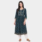 Women's Teal Round Neck Printed Kurta, Teal Blue, small