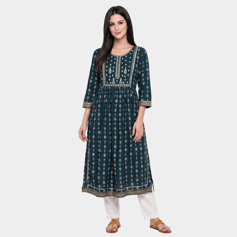 Women's Teal Round Neck Printed Kurta, Teal Blue, large