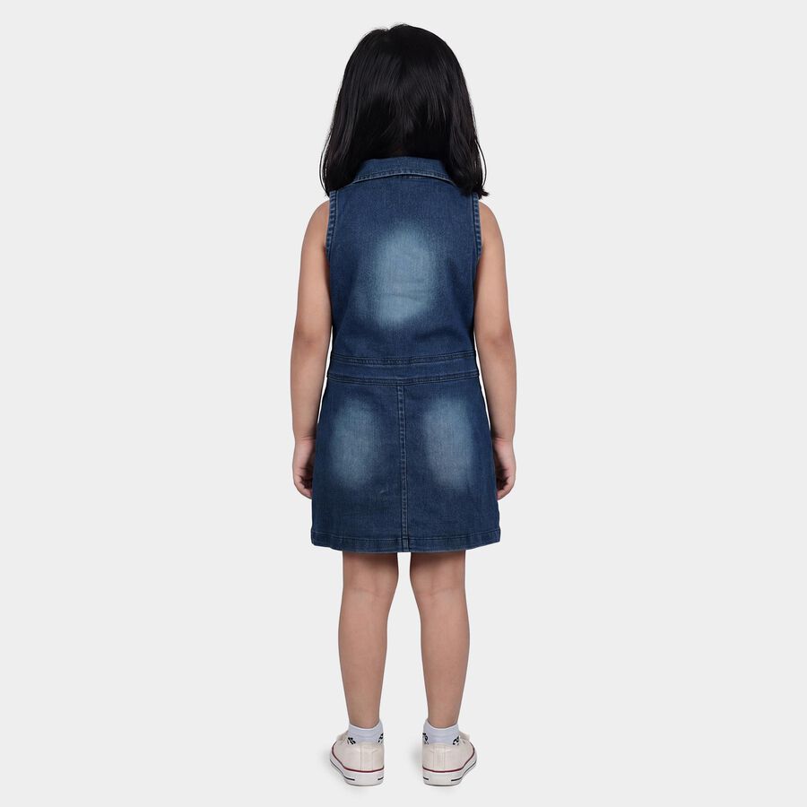 Girls' Blue Sleeveless Shirt Style Button Front Frock, मध्यम नीला, large