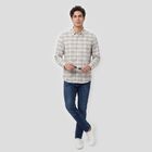 Men's Cream Long Sleeve Checked Regular Fit Casual Shirt, ऑफ व्हाइट, small