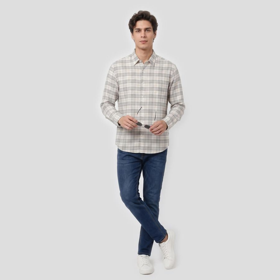 Men's Cream Long Sleeve Checked Regular Fit Casual Shirt, ऑफ व्हाइट, large