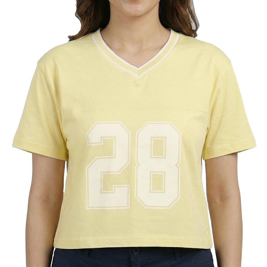 Women's Yellow Cotton Round Neck Casual T-Shirt, पीला, large