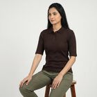 Women's Brown Cotton Blend Polo Neck Preppy Polo T-Shirt, Brown, small