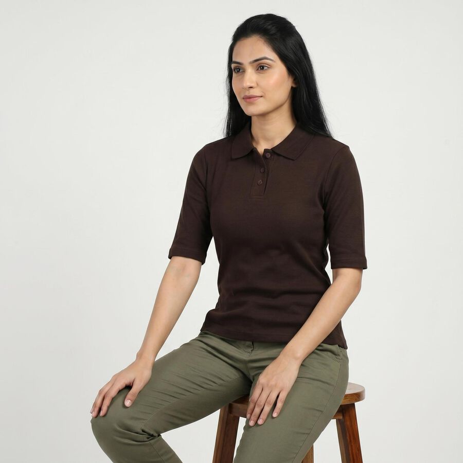 Women's Brown Cotton Blend Polo Neck Preppy Polo T-Shirt, Brown, large