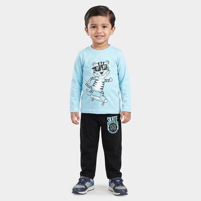 Boys Light Blue Round Neck Graphic Print Baba Suit