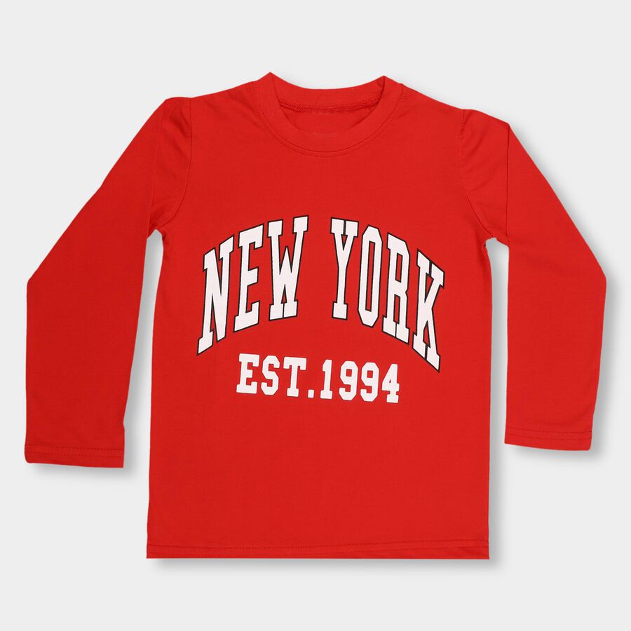 Boys' Bright Cherry Red Cotton Blend Round Neck Casual T-Shirt, लाल, large image number null