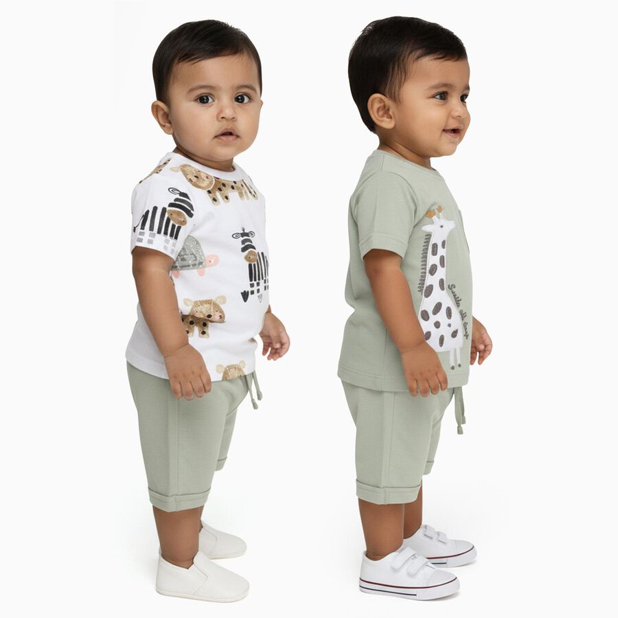 Infants' Light Green Cotton Round Neck Animal Print Baba Suit, Light Green, large image number null