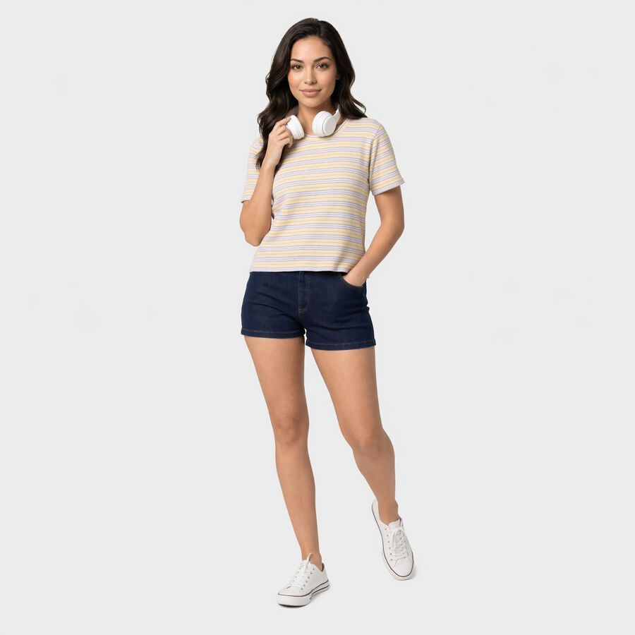 Women's Lemon Round Neck Striped Regular T-Shirt, Lemon, large