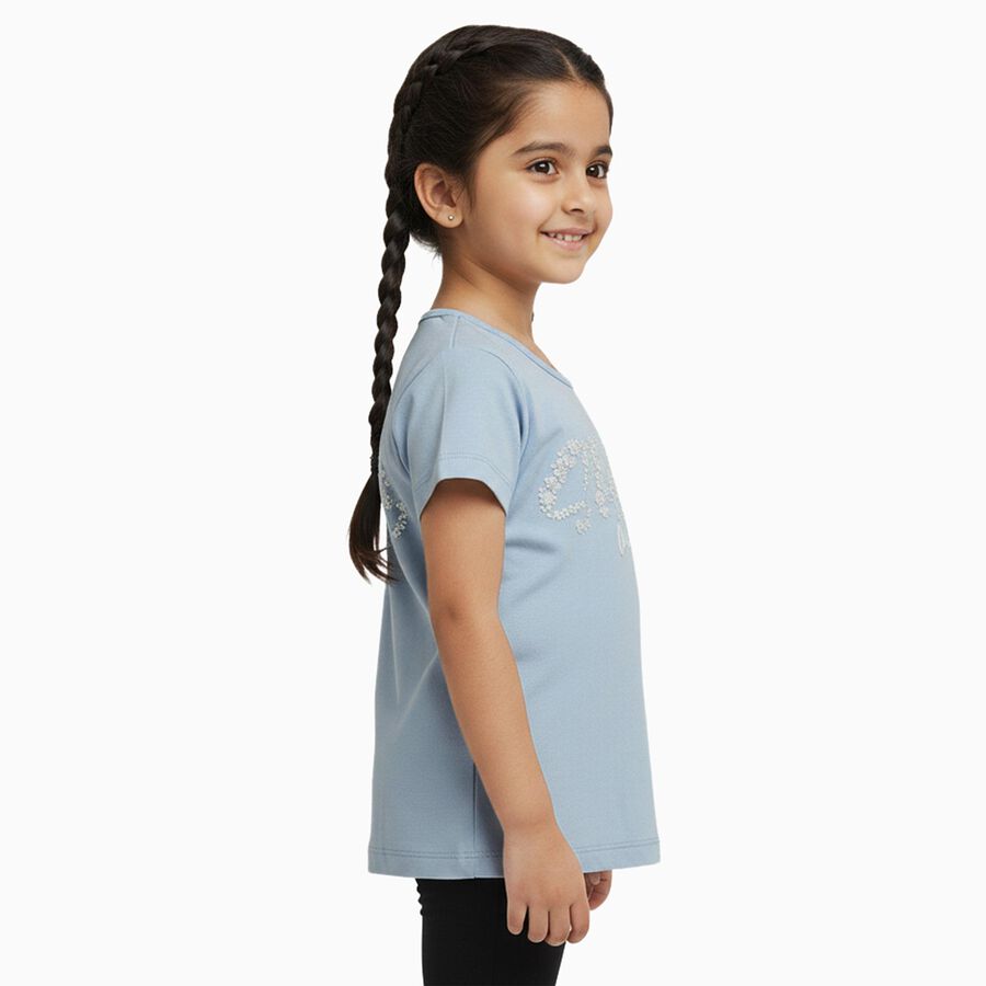 Girls Light Powder Blue Cotton Round Neck Casual T-Shirt, हल्का नीला, large