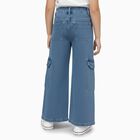 Girls' Light Blue Wide Leg Embroidered Cargo Jeans, Mid Blue, small