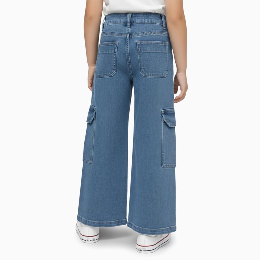 Girls' Light Blue Wide Leg Embroidered Cargo Jeans, Mid Blue, large