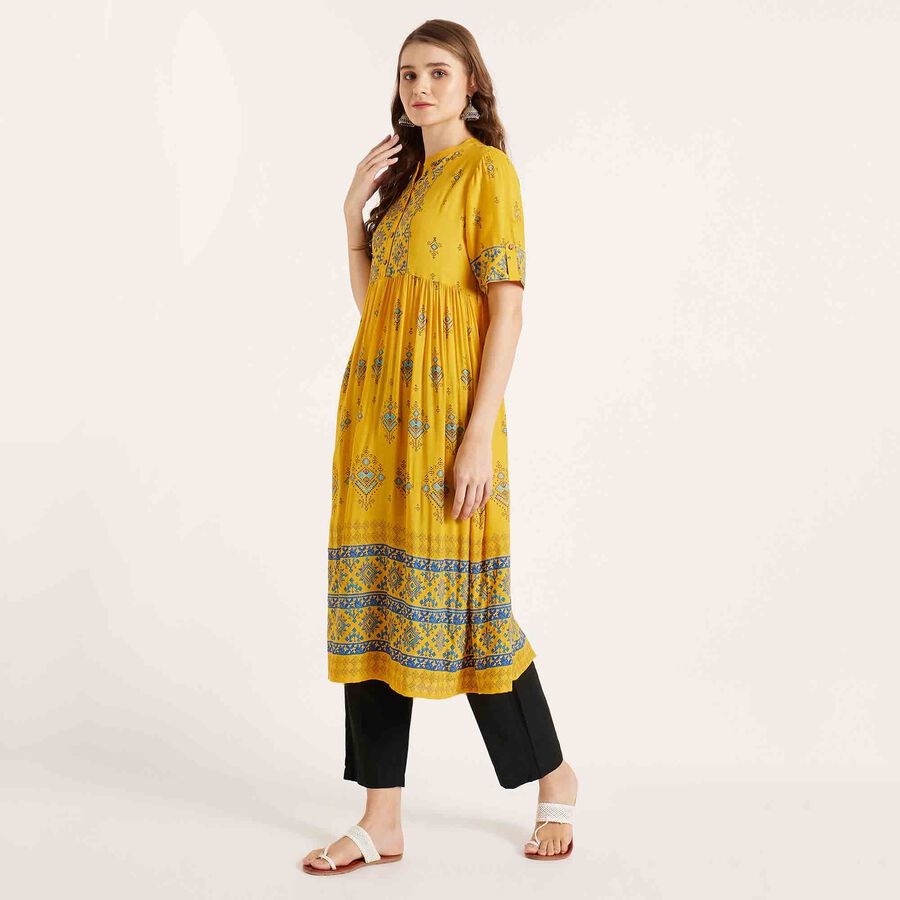 Printed 3/4th Sleeve Kurta, पीला, large image number null