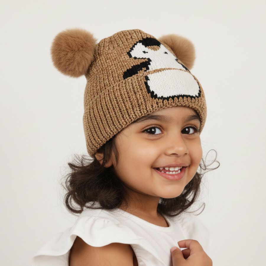 Girls Winter Cap, Brown, large image number null