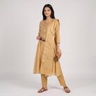 Women's Beige Notch Neck Embroidered Flared Kurta, Beige, small