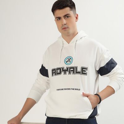 Men's Bright Snow White Hooded Neck Casual Sweatshirt