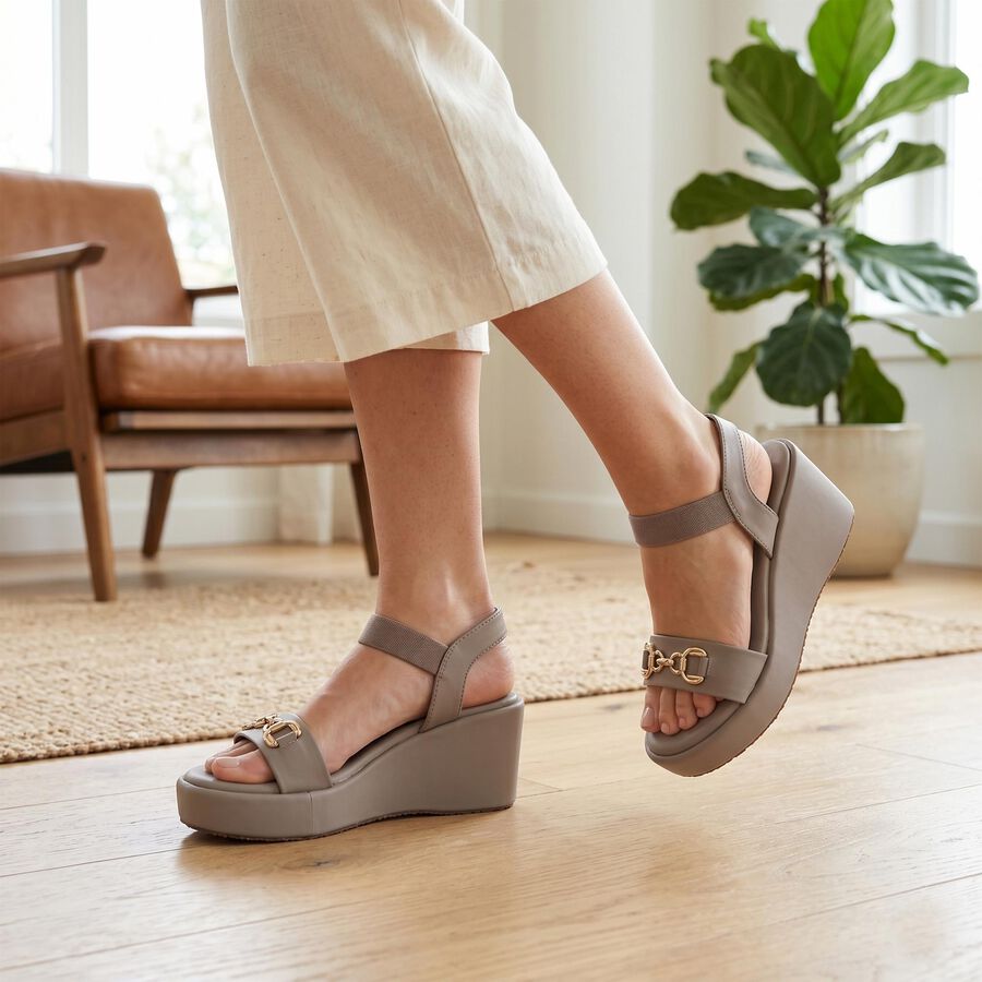 Women Grey Slingback Wedge Sandals, Grey, large