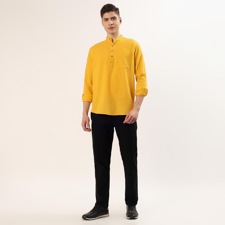 Men's Yellow 100% Cotton Mandarin Collar Textured Kurta, मस्टर्ड, large