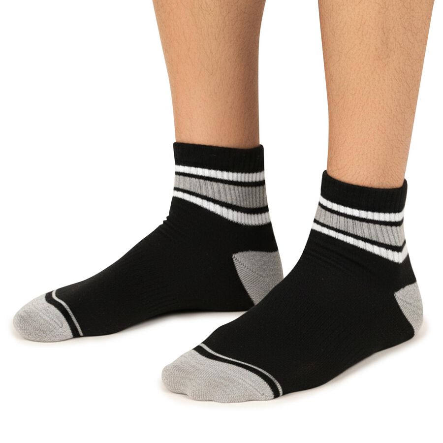 Men's Black and Grey Regular Fit Striped Ankle Socks Pack of 3, Navy Blue, large