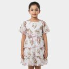 Girls White Round Neck Floral Layered Dress, सफ़ेद, small