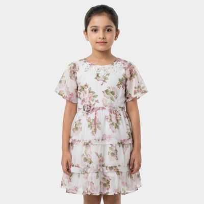 Girls White Round Neck Floral Layered Dress