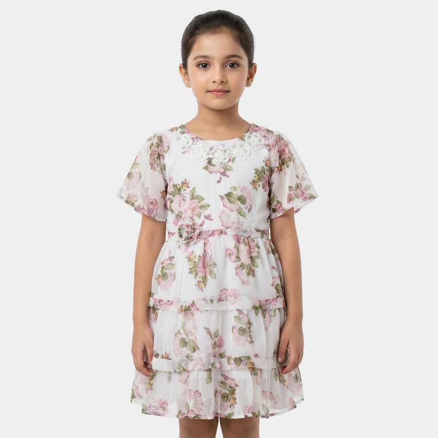 Girls White Round Neck Floral Layered Dress, सफ़ेद, large