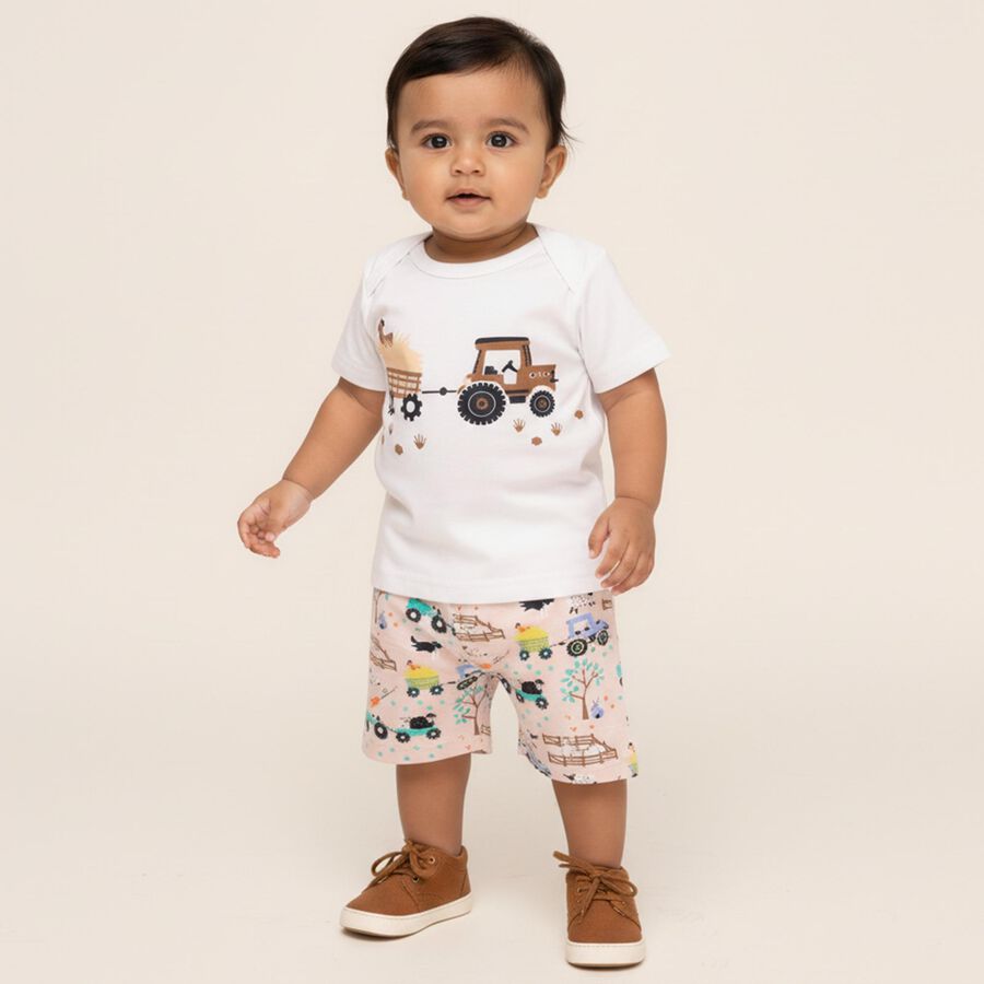 Infants' White Cotton Round Neck Tractor Print Baba Suit, Beige, large
