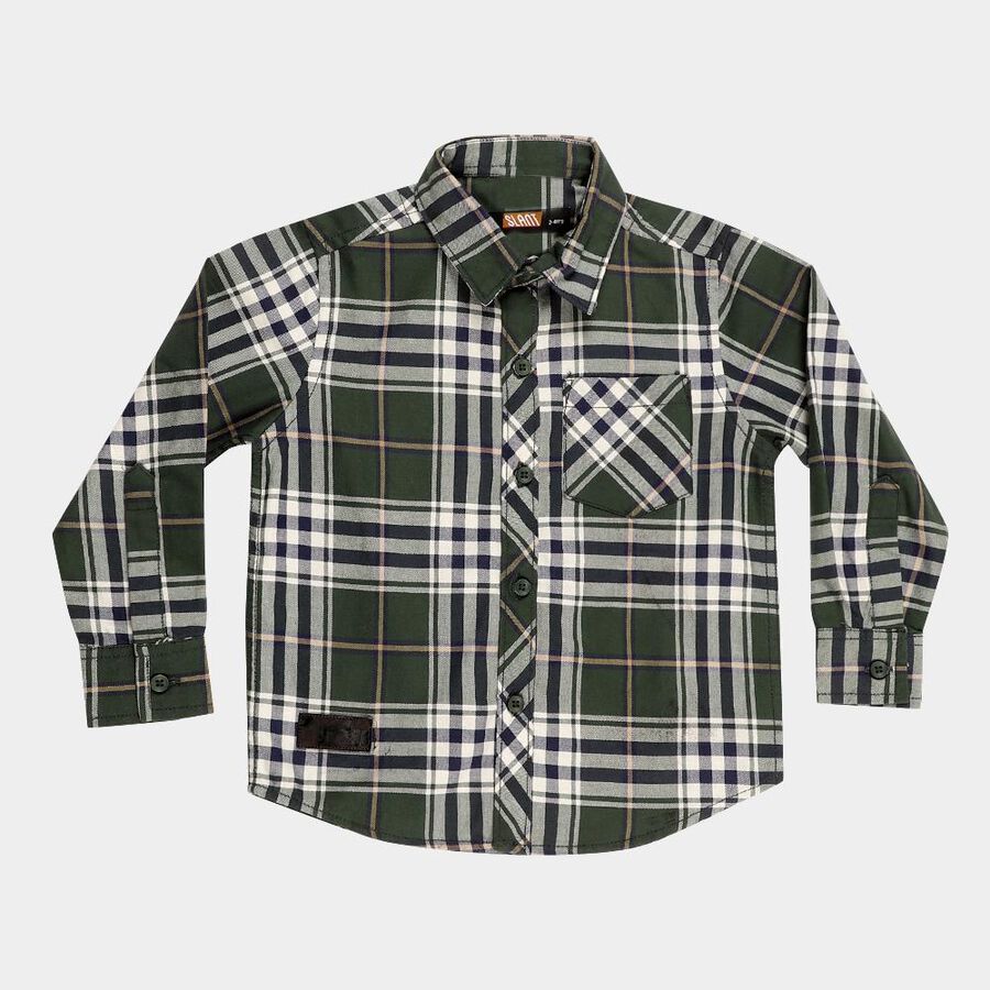 Boys' Dark Forest Green Cotton Full Sleeve Classic Collar Casual Shirt, Dark Green, large image number null